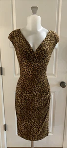 Lauren Ralph Lauren Faux Wrap Leopard Animal Print Ruched Dress Size 8 - Picture 1 of 11