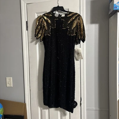 ✨ Vintage 1980s Stenay Black and Gold Silk Beaded Dress – Made in India ✨ - Image 1 of 4