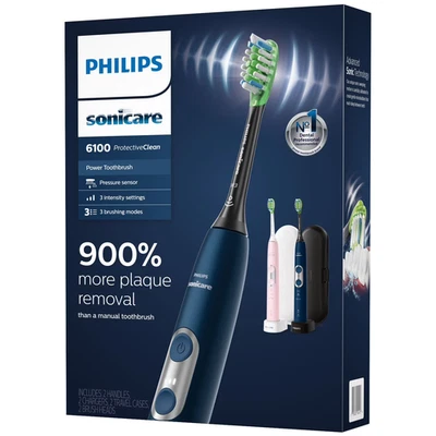 Philips Sonicare 6100 ProtectiveClean Power Toothbrush 2 Pack Navy Blue/Pink NEW - Image 1 of 4