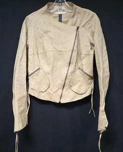 Illia Anthropologie Gr. 6 beige leichte asymmetrische Lederjacke Moto Dove  - Bild 1 von 8