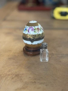 Limoges France Flora & Gold Floral Porcelain Egg Trinket Box With Perfume Bottle - Picture 1 of 5