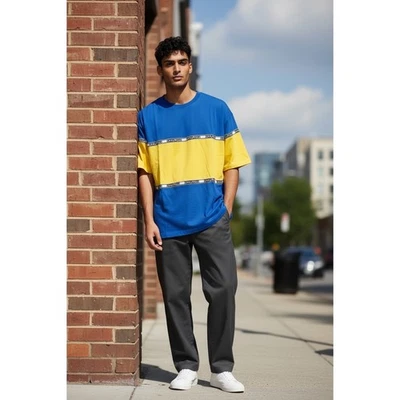 Camiseta a rayas vintage Y2K Rocawear para hombre azul amarillo hip hop años 90 ropa de calle Foto 1 de 4