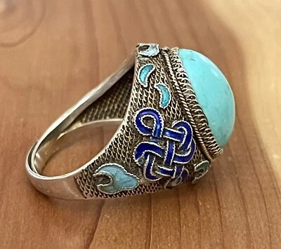 古董中国出口 Vermeil 纯银绿松石 Cloisonne 搪瓷戒指 尺寸 7 Adj — 第 1/4 张图片