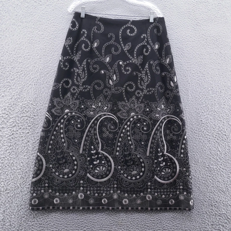 Talbots Womens Wool Blend A-Line Maxi Skirt 12 Black Embroidered Paisley - Image 1 of 4