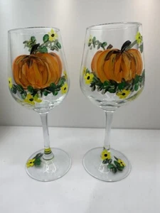 Pumpkin Hand Painted Set Of Two Stem Wine Glass - Picture 1 of 5