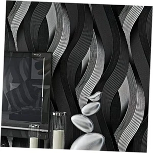 Peel and Stick Wallpaper Black/White 3D Wave Stripe Wallpaper Removable - Picture 1 of 6