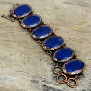 Copper Natural Blue Saphire Engagement Chain Bezel Boho Electroformed Bracelet - Picture 1 of 6