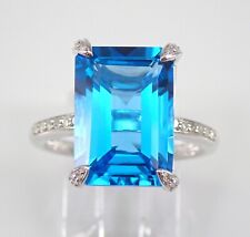 14K White Gold Emerald Cut Blue Topaz and Diamond Engagement Ring Size 7