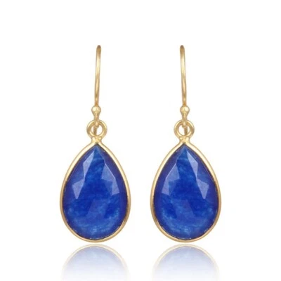 Pendientes colgantes lágrima azul con gancho chapado en oro - Elegante joyería de piedras preciosas Foto 1 de 4