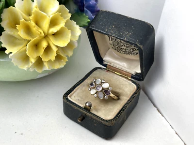 GORGEOUS VINTAGE SOLID 9CT GOLD MOP DIAMOND AMETHYST RING SIZE P 7.75 NOT 18CT - Изображение 1 из 4