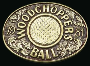 1981 Woodchoppers Ball Golf Tony Lama Brass Vintage Belt Buckle - Picture 1 of 4