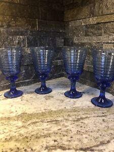 Set Of 4 Vintage Libbey Cobalt  Blue  Ringed Ribbed Stemmed Water Goblets 7 3/8”