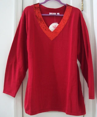 NEW QVC A386994 QUACKER FACTORY 2X 22W/24W REVERSIBLE SEQUIN RED HOLIDAY SWEATER - Image 1 of 4