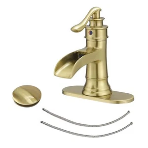 Grifo de baño dorado de una sola manija tocador fregadero emergente drenaje conjunto manguera de suministro - Imagen 1 de 7