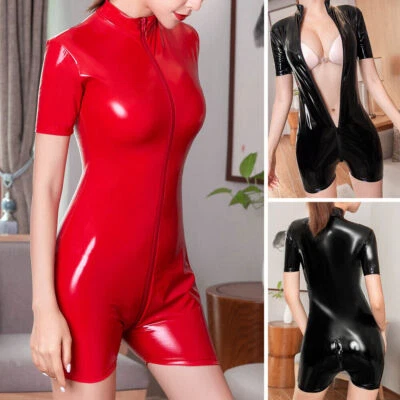 Mujeres 2 Vías Cremallera PVC Cuero Brillante Body Aspecto Húmedo Mameluco Mono Ropa de Club Foto 1 de 4