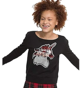 Justice Girls Unicorn Flip Sequin Boatneck Top Black - Picture 1 of 2
