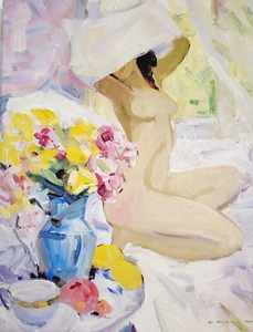 Abstrakter Sommerlicher Akt "Mädchen", kyrillisch sign. JAROSCHENKO, dat. 1955 - Bild 1 von 8