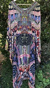 CAMILLA V Neck Split Front And Sleeve Long Silk Kaftan.( OS) - Picture 1 of 7