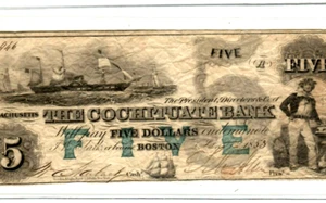 $5 "RARE"!! (BOSTON) 1800'S $5 (RARE))! "COCHITUATE BANK" 1800'S BOSTON! NICE - Picture 1 of 3