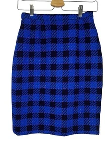 ESCADA MARGARETHA LEY Plaid Pencil Skirt Blue Navy sz 36 US 6 Wool Germany 90s - Picture 1 of 18