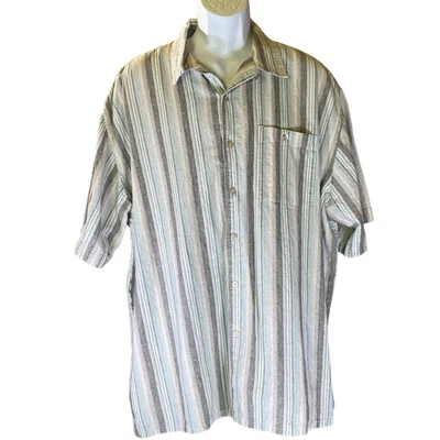 Bruno Mens 2XLB Linen Blend Gray/Blue Stripe Short Sleeve Button Up Shirt - Image 1 of 4