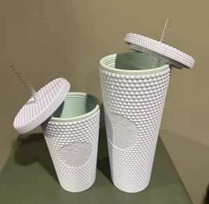 New Lot Of 2 Starbucks White Studded Cold Cup Tumbler 24 oz & 16 Oz Travel Straw - Picture 1 of 12