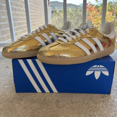 Adidas Samba OG Shoes Women's 6.5 Gold Metallic Cracked Leather Lifestyle KI5719 - Image 1 of 4
