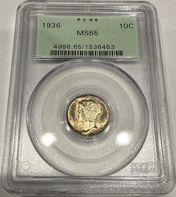 1936 Mercury Dime Silver 10C Coin PCGS MS65 OGH Old Green Holder Toned - Image 1 of 4
