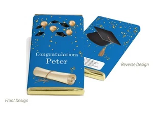 Graduation Chocolate Bars - Personalised Favours - Gold & Silver Foils - Blue V1 - Picture 1 of 2