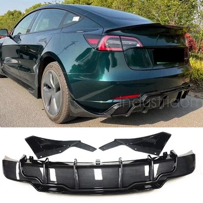 Se adapta a labio difusor de parachoques trasero Tesla Modelo 3 17-23 con extensiones aspecto de fibra de carbono Foto 1 de 4