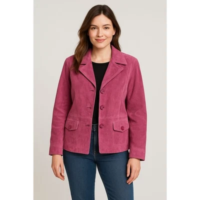 Vintage Terry Lewis Pink Genuine Suede Blazer Metallic Shimmer Trim Size L - Image 1 of 4