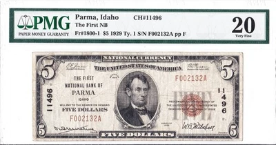 $5 1929 T1 National PARMA Idaho ID 🇺🇸 Rare! 🇺🇸 PMG 20 Very Fine! 🇺🇸 - Image 1 of 2