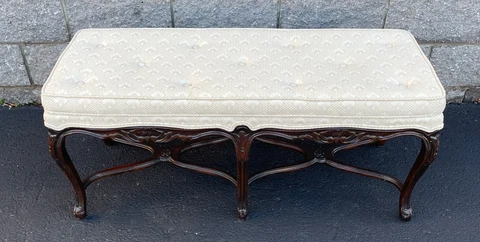 Vintage Carved French Upholstered Bench 19” X 43 1/2” X 16 1/2” Cover