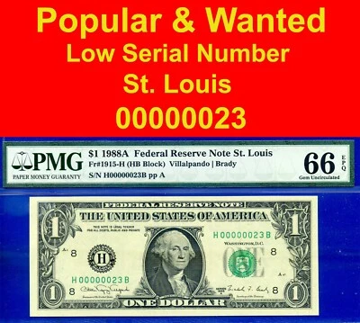 1988A $1 Federal Reserve Note PMG 66EPQ wanted St. Louis low serial number 00023 - Image 1 of 3