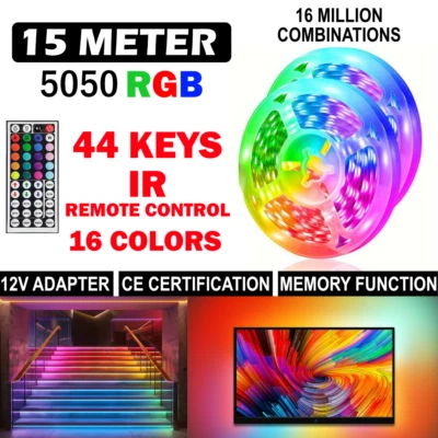 15M LED Strip Lights 5050 RGB Colour Changing Tape Cabinet Kitchen Tv Lighting - Image 1 of 4