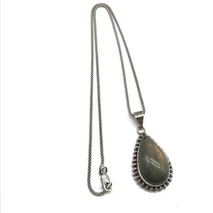 925 Sterling Silver Vintage Labradorite Chunky Gemstone Pendant Necklace 18" - Picture 1 of 9