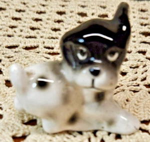 Vintage Ceramic Glossy Glaze Porcelain Spotted Black & White Dog Puppy Figurine - Picture 1 of 7