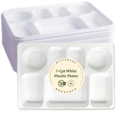 Heavy Duty 7 Compartment Plastic Plates – White Party Catering Food Trays - Image 1 of 4