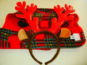 RED & PLAID Christmas Dog Winter Coat Vest Jacket Fleece LG/XL Reindeer Hat - Picture 1 of 10