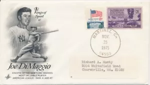 Joe DiMaggio Baseball King of Sport 11 1975 Artcraft cachet w/ enclosure - Picture 1 of 3