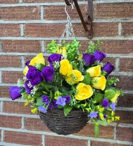 Künstlicher hängender Korb Blumen Pflanze Gartentopf Efeublatt Farn Laub Rose - Bild 1 von 12