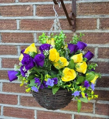 Artificial Flowers Hanging Basket Plants Garden Pot Ivy Leaf Fern Foliage Rose