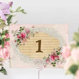 Pink Wedding Table Cards Vintage Style Frame - Shabby Chic, Numbers Names Custom - Picture 1 of 7