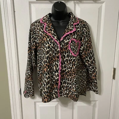BETSEY JOHNSON Pajama Top Button Up Sleepshirt Animal Print Pink Heart Small - Image 1 of 4