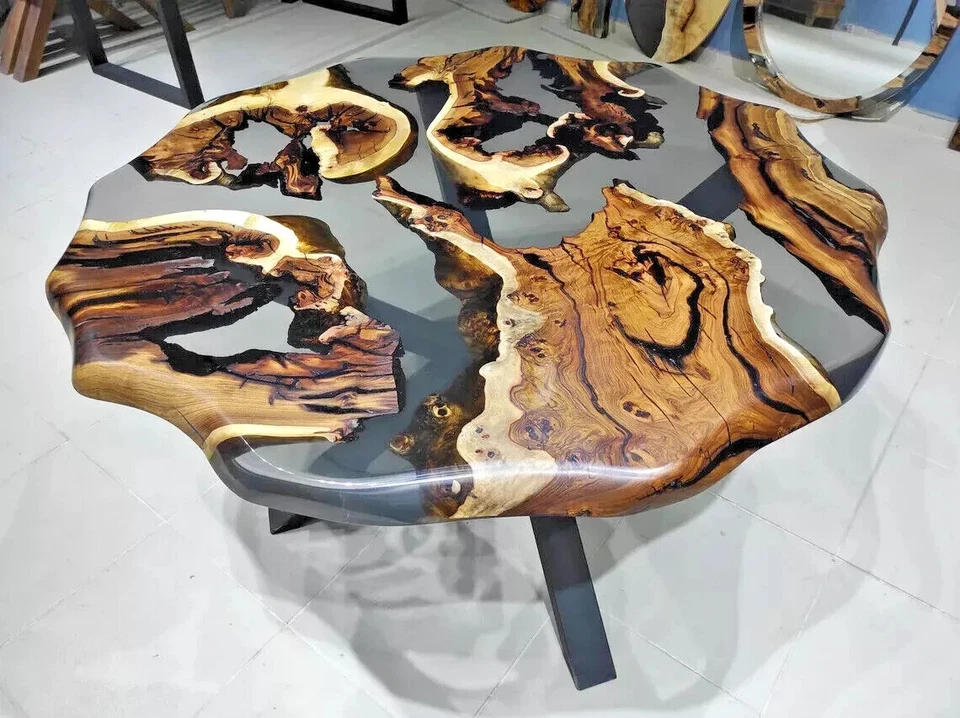 Live Edge Clear Epoxy Round Table, Unique Dining Table, Dining Room Tabletop Set - Image 1 of 4