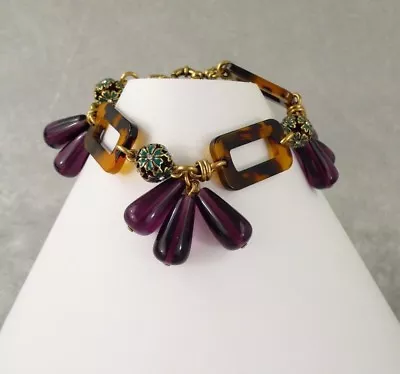 NEW J. CREW TORTOISE LINK ENAMELED FLORAL BEADED BRACELET 7" L + 1" PURPLE - Image 1 of 3