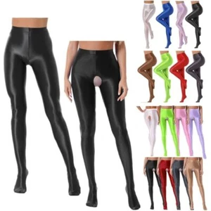 UK Womens Oil Shiny Glossy Crotchless Tights High Stretch Tights Dance Pantyhose - Picture 1 of 120