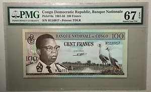1961-64 Congo Democratic Rep. 100 Francs Pick 6a PMG 67 EPQ Superb Gem Unc - Picture 1 of 2