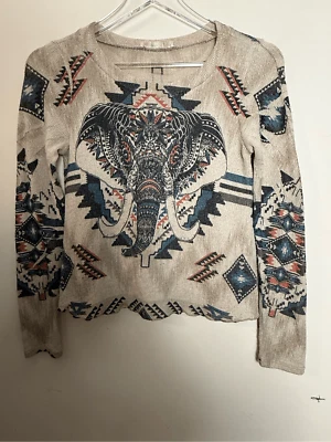 Top Pullover Estampado AOP Tribal Elefante Años 70 Geométrico Nativo Americano XS Foto 1 de 3
