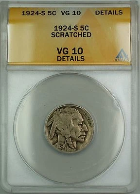 1924-S Buffalo Nickel 5c Coin ANACS VG-10 Details Scratched (Better Coin) - Image 1 of 2